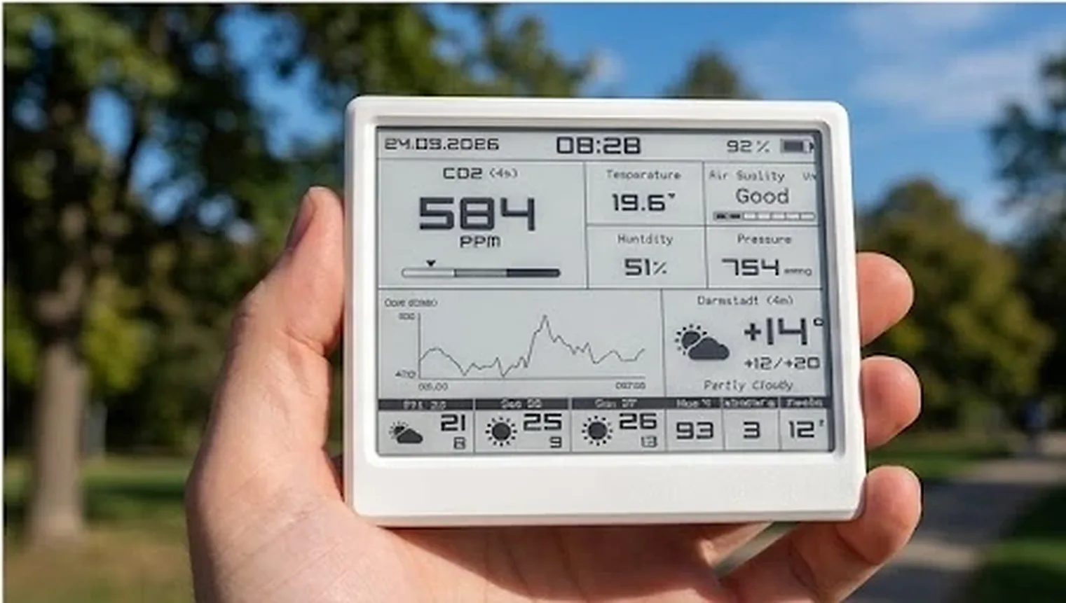 Smart Meteo held in one hand outdoors