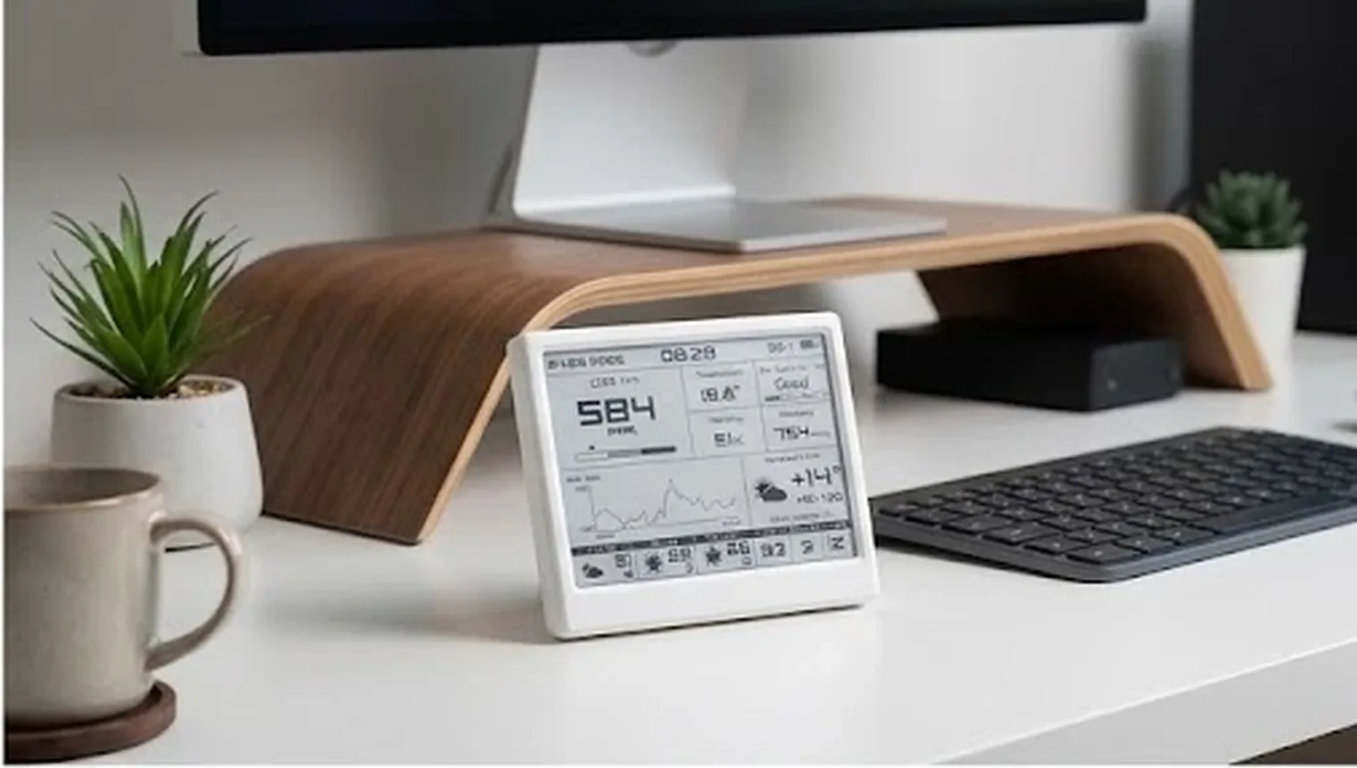 Smart Meteo on a white desk next to a monitor, keyboard and a plant